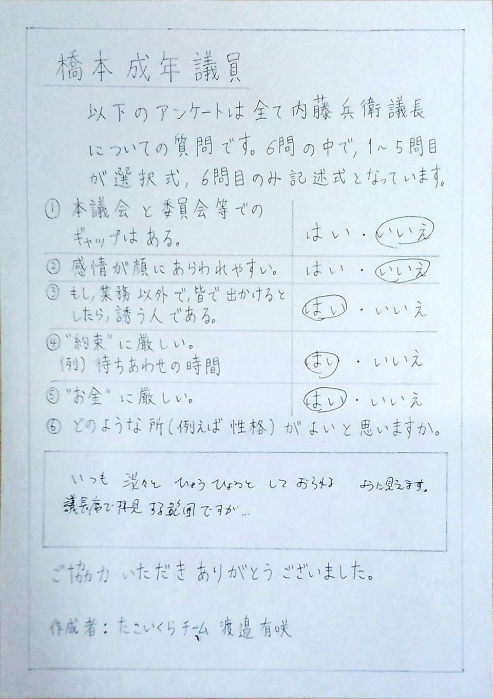 橋本成年議員へのアンケート