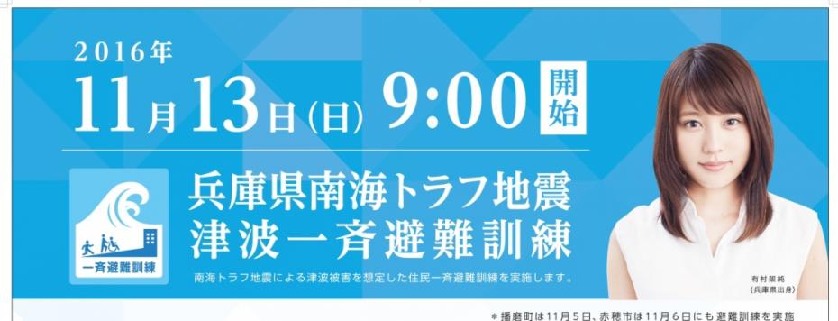 2016年11月13日（日曜日）午前9時から南海トラフ地震による津波被害を想定した住民一斉避難訓練を実施します。