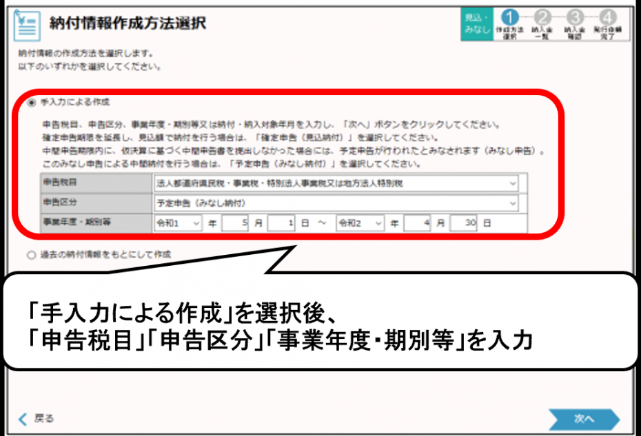 「手入力による作成」を選択後、 「申告税目」「申告区分」「事業年度・期別等」を入力