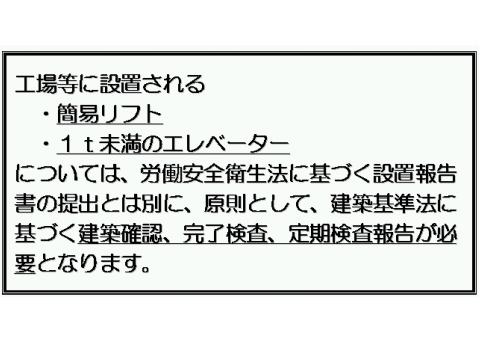 労働安全衛生法に基づく設置報告書の提出とは別に、建築基準法に基づく建築確認、完了検査、定期検査報告が必要。