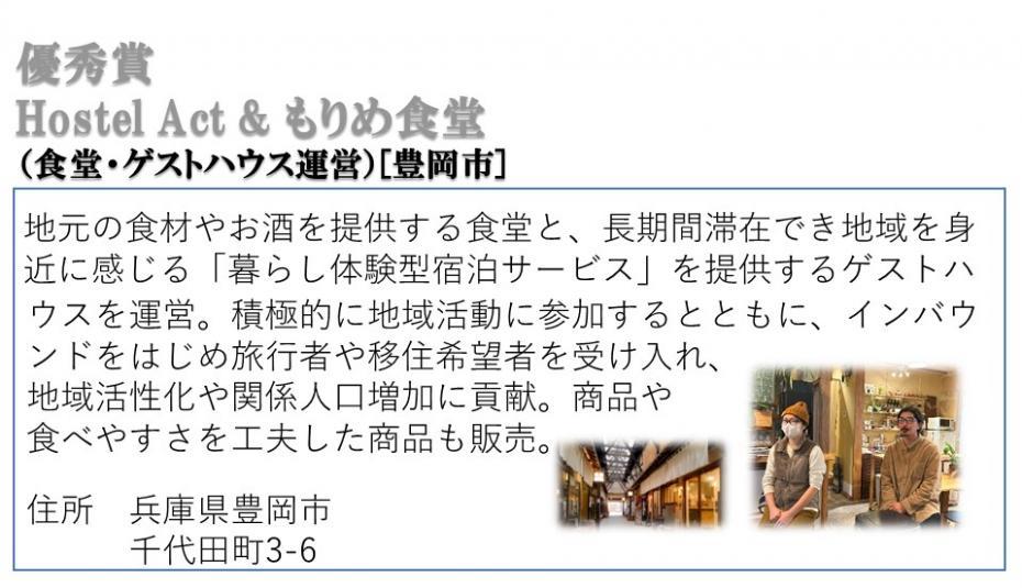 優秀賞 Hostel Act ＆もりめ食堂（食堂・ゲストハウス運営）［豊岡市］